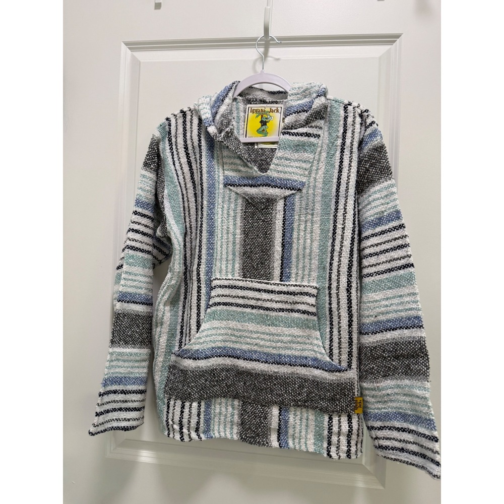 Iguana Jack Baja Hoodie‎ Mens Medium Blue Teal Striped Pullover Drug Rug NWT